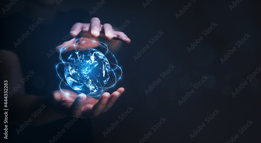 Poster hands holding abstract network earth technology structure. internet and technology worldwide global.