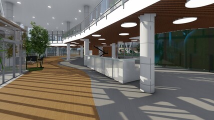 Lobby y recepci&oacute;n con doble altura, mezanine, grandes luces, decoraci&oacute;n en madera y pecera estilo alta tecnolog&iacute;a 