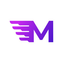 Fast Shipping Initial Letter M Delivery Logo. Purple Gradient Shape with Geometric Wings Combination.