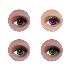 Set of female eyes  image with beautifully fashion make up. Purple, green and brown colors. Raster illustration