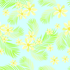 Fototapeta na wymiar pattern floral tropical . foliage of palm and flowers manoi on light blue background