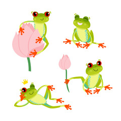 Set of cute red eyed frogs. Tree frog in different poses. Vector 10 EPS illustration. Isolated on white background.