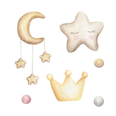 Cute baby  dream illustration comet with gold stars in night sky,illustration for children clothing. Nursery Wallpaper poster Woodland watercolor poster.Stars. Moon Dreams.