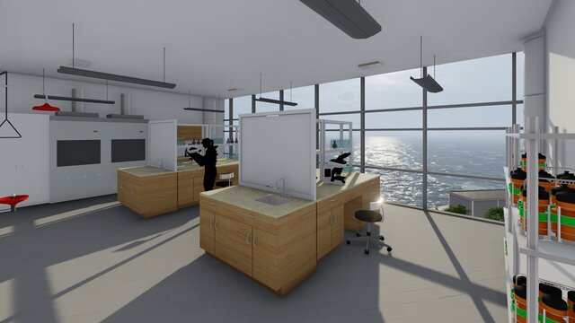 render de dise&ntilde;o arquitect&oacute;nico de espacio interior de un laboratorio de biolog&iacute;a y qu&iacute;mica marina con vista al mar