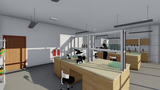 Render de espacio interior de un laboratorio de biolog&iacute;a y qu&iacute;mica con iluminaci&oacute;n natural 