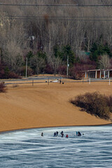 ice floats on the Volga River in spring