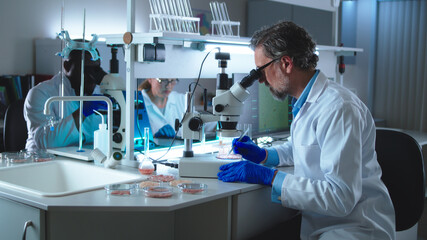 Mature scientist using microscope to examine lab meat