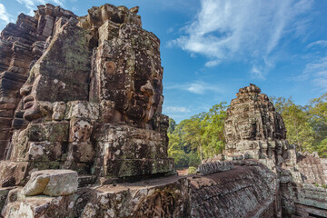 Giant faces on Prasat Bayon temple, Angkor Thom, Angkor, Siem Reap province, Cambodia, Asia