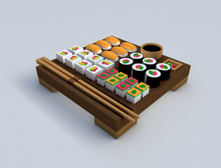 3D illustration of a sushi table with a variety of pieces.