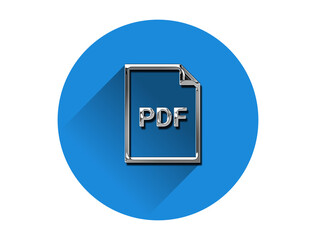 Metallic PDF icon and symbol with metal look on blue circle. 3d illustration