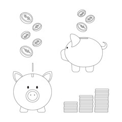 Vector illustration in the contour piggy bank pig with coins, dollars and cents.