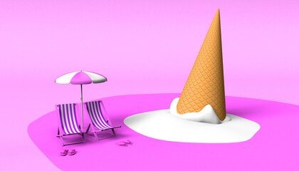 Melting ice cream cone with folding beach chairs and umbrella. Summer concept. 3D rendering. Background.