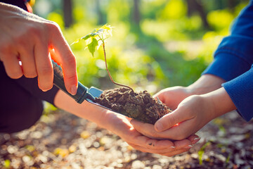 A child with a tree planted in his hand. Wood seedlings and soil in hand