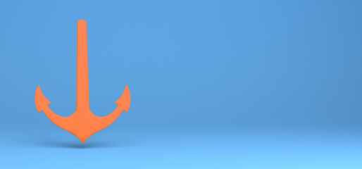 Orange anchor on blue background. 3D illustration. Banner. Abstract.