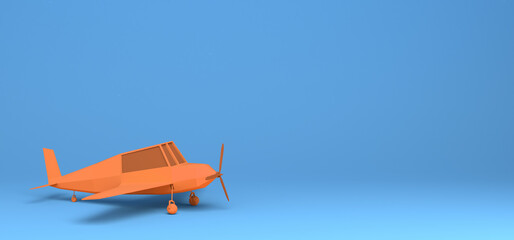 Orange toy plane on blue background. 3D illustration. Banner. Abstract.