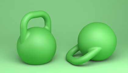 Pair of green ball-shaped dumbbells with grip. 3D illustration. Fitness concept.