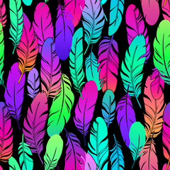 seamless illustration depicting scattered multicolored beautiful feathers