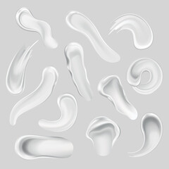 Obraz premium Cream smears of cosmetic white cream for skin in different shapes and sizes isolated on background. Vector concept. Skincare or moisturizer advertising. Creamy smooth, smear cosmetic products