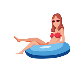 Woman float on air mattress. Fun female character with glasses. Young lady swimming on inflatable ring. Summertime flat cartoon illustration