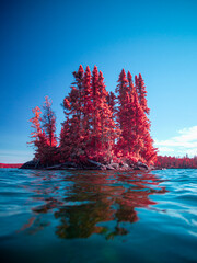 Otherworldly Beautiful Red Island on the Lake Landscape, shot in Infrared