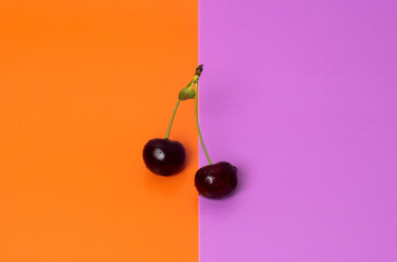 Two cherries connected by a branch are on colored backgrounds, each with its own background.