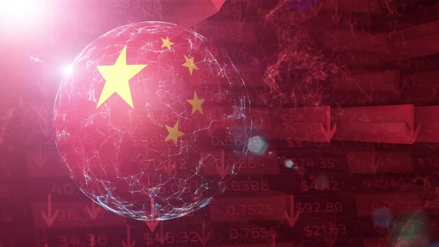Red china flag sphere negative business animation background.