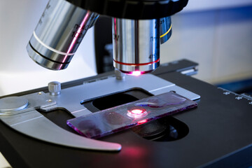 A slide with a sample is installed in a microscope under high magnification, a close-up of the microscope objectives. Study of bacteria under a microscope.