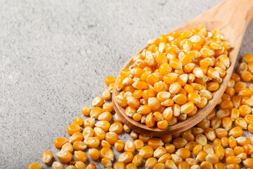 Dried corn. Raw corn for popcorn on the table.