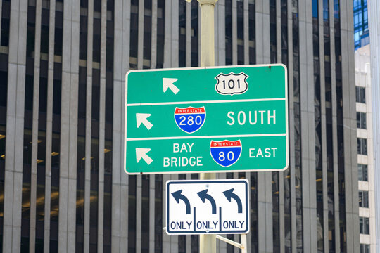 Interstate 101, 280 and 80 highway road sign showing drivers the directions to highways and Bay Bridge in Financial District of downtown San Francisco