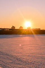 sunset on the waterfront in winter. Nizhny Novgorod