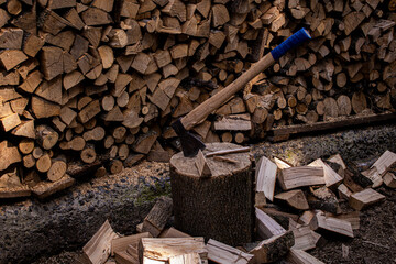 Ax with scattered firewood in the summer