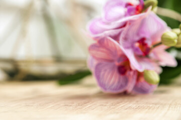 Wood table and orchid in defocus. Background for your text, design.