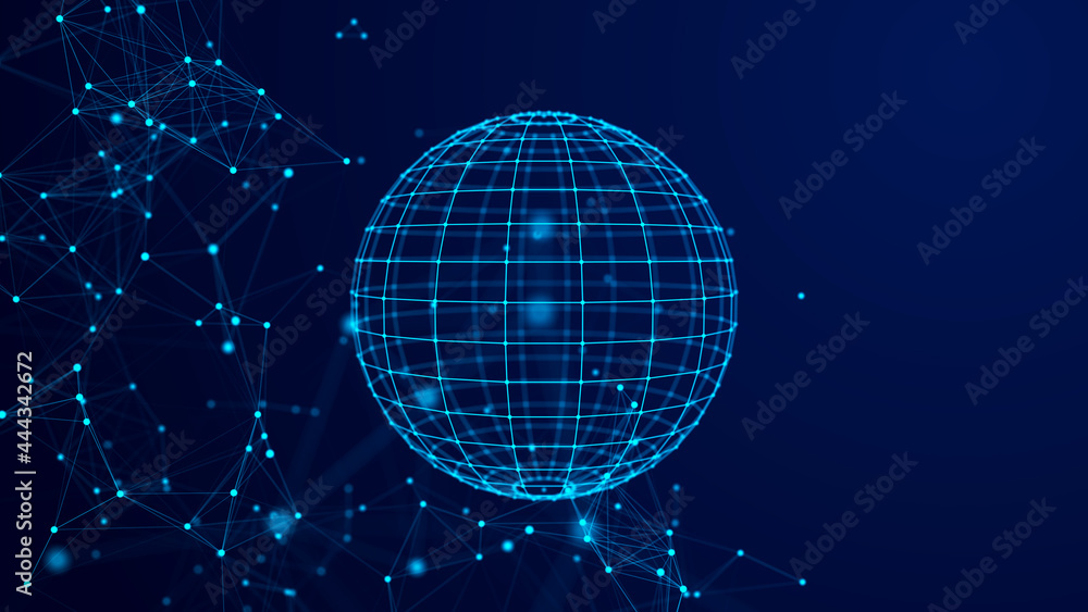 Poster Sphere with connecting points. Global Connection Technology. The accumulation of information. 3D rendering.