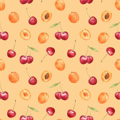 Sweet cherries and soft apricots seamless pattern on light orange background. Watercolor hand drawn elements. Juice and joyful artwork for summertime. 