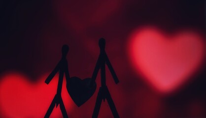 Concept of loving couples with matchsticks. Male and Female close together with beautiful heart shapes in the background. Matchstick art photography used matchsticks to create the character.