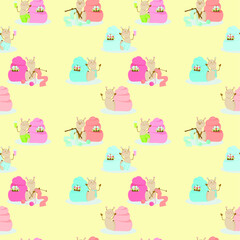 Fototapeta premium vector seamless pattern with baby snails in different life situations on yellow background for children room clip art and decorations.