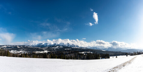 Beautiful winter landscape panorama, Tatra Mountains view from Lapszanka, Poland