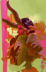 red demon smoking with long horns, profile portrait with rough strokes 