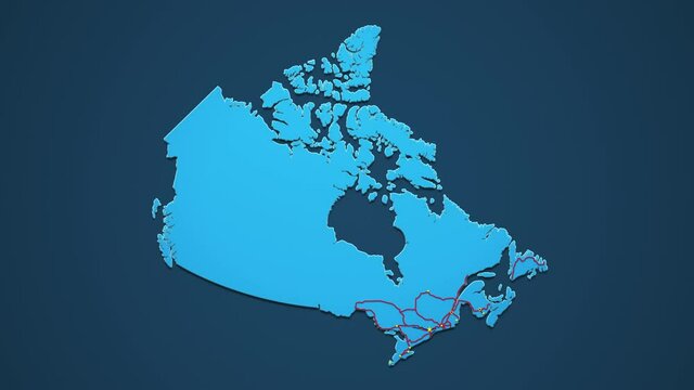 Light blue map of Canada with cities, roads and railways on a dark blue background. 4K Animation with alpha channel
