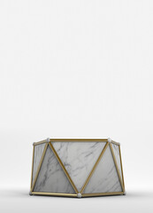 Modern geometric empty marble pedestal with gold edges and two heights on a neutral white background to display objects. 3d render