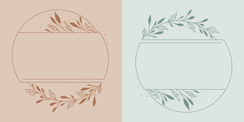 Okrągłe ramki z wzorem roślinnym w prostym minimalistycznym stylu. Jasne pastelowe szablony z listkami - zaproszenia ślubne, życzenia, planer, tło dla social media stories.