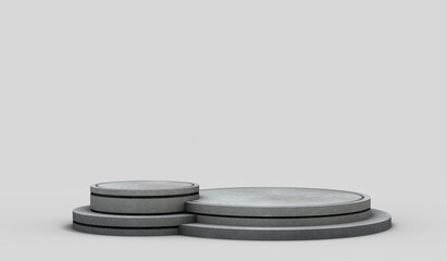 Modern empty circular marble pedestal with black borders and two heights on a neutral white background to show objects. 3D render..
