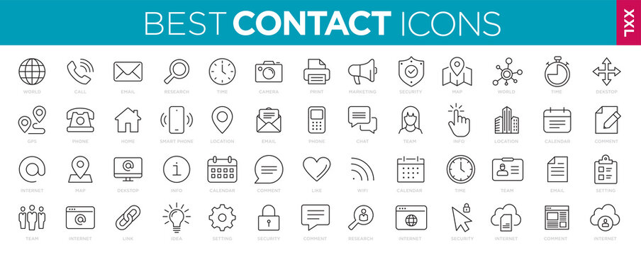 Collection Contact icons line Web and mobile icon. Chat, support, message, phone. Vector illustration