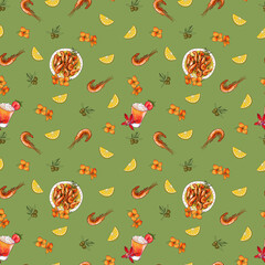 Summer seamless pattern Portuguese traditional food on orange background, photoshop, digital art