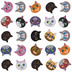 seamless cheerful pattern with muzzles of cats on a white background, digital art . Photoshop