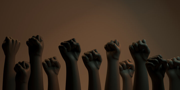 Black Fists On Brown Background With Rim. Side View. Black Lives Matter. Blackout. Social Justice Concept. 3D Rendering.	
