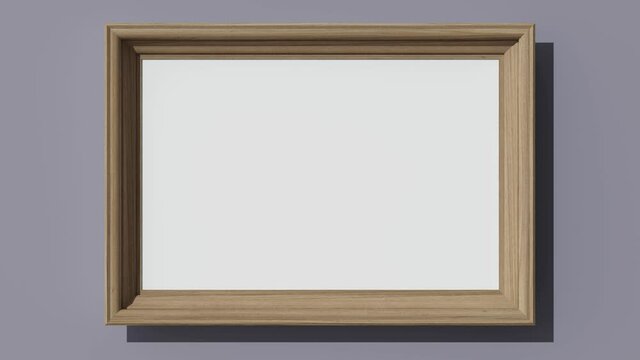 Wooden horizontal frame on painted wall. Seamless footage. Looping. 3D render square wooden frame mock up. Empty interior. Blank. 3D illustration. 3D design interior. Looped template for business.