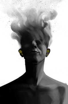 front portrait of a black guy with a smoking head