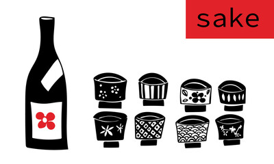Vector images of sake bottles and cups. Set. Minimalism. White background