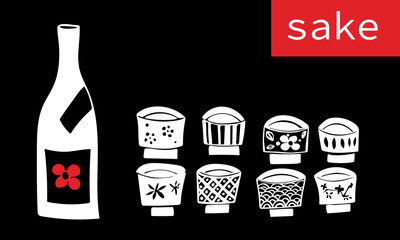 Vector images of sake bottles and cups. Set. Minimalism. Black background